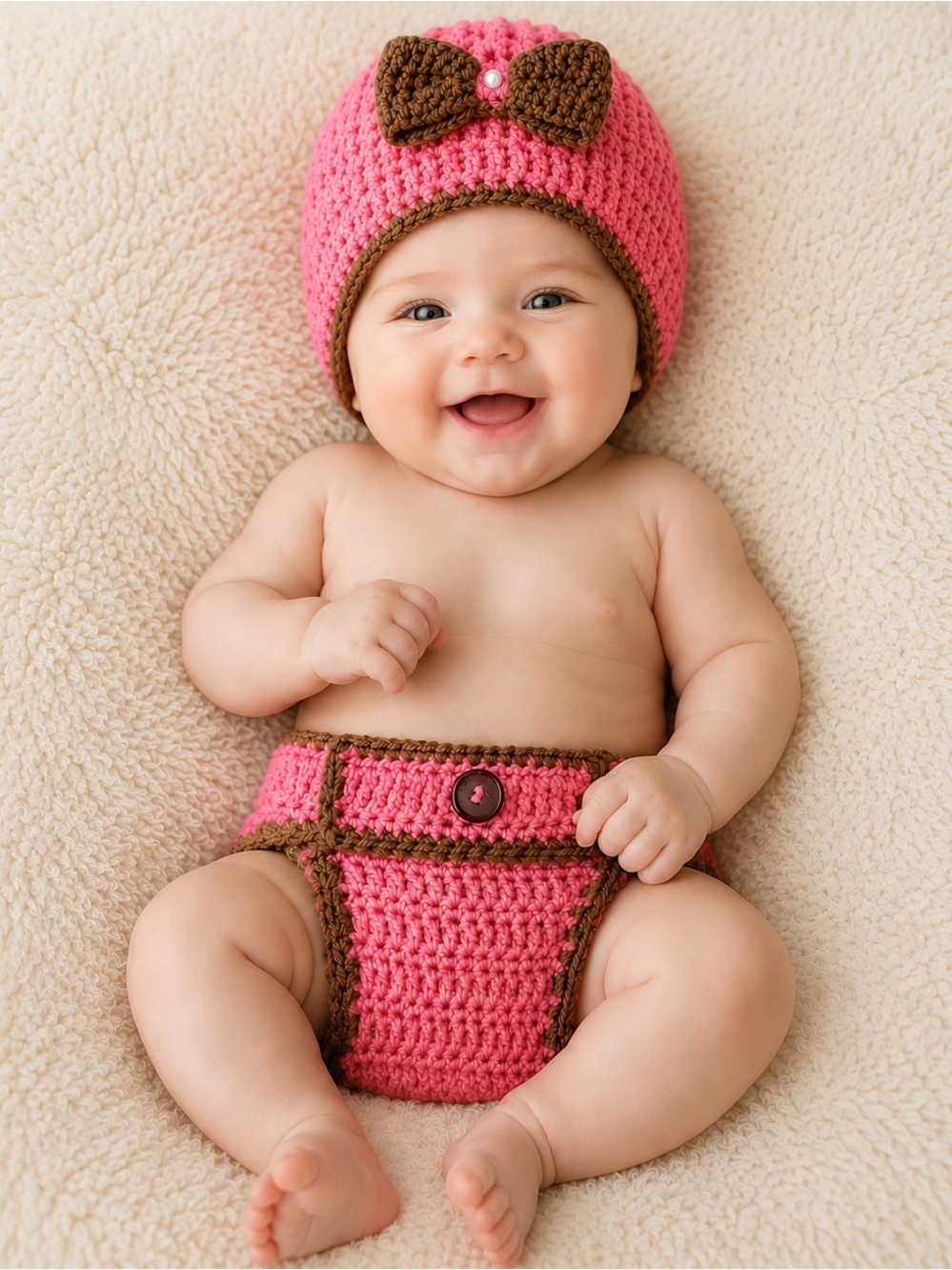 Handmade Pink Crochet Diaper Cover Set with Brown Trim and Beautiful Brown Bow